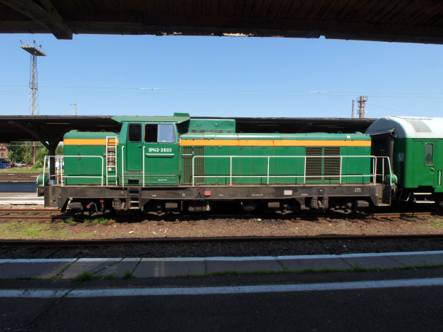 Grüne Diesel-Elektrolokomotive auf Eisenbahnschienen unter einer Brücke, umgeben von Steinen, Gras, einem Pfad, Bäumen, Strommasten mit Drähten, einem Turm, Fahrzeugen und einem bewölkten Himmel.