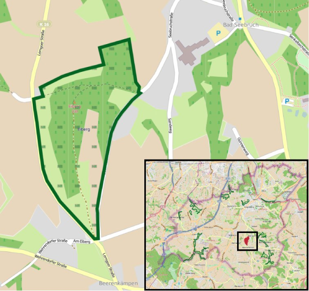 Stadtplan, der einen zentralen grünen Bereich hervorhebt, der für die vorgeschlagene Entwicklung markiert ist, mit umliegenden Straßen, Gebäuden und Sehenswürdigkeiten.