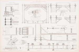 Ein detailliertes Bild einer Eisenbahnbrücke in einem Buch, das ihre Bögen, Balken und andere strukturelle Merkmale zeigt, mit begleitendem Text über ihren Bau.