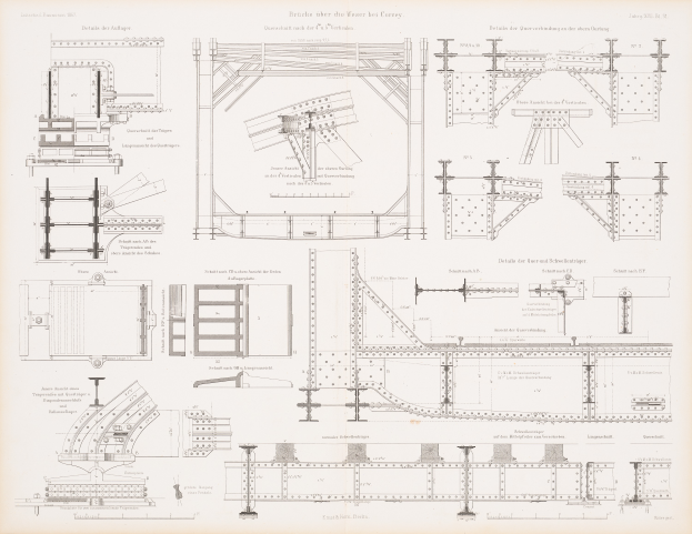 Ein detailliertes Bild einer Eisenbahnbrücke in einem Buch, das ihre Bögen, Balken und andere strukturelle Merkmale zeigt, mit begleitendem Text über ihren Bau.