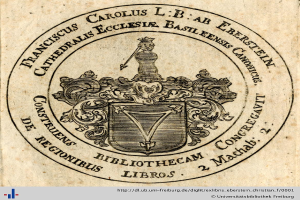 Ein altes Buch mit einem Wappen, das einen Schild mit einer Krone darauf zeigt, umgeben von einem Lorbeerkranz und einem Banner mit der Aufschrift 'Bibliothek' in Schreibschrift, mit dem Wort 'Bibliotheken' darunter in fetter Schrift.