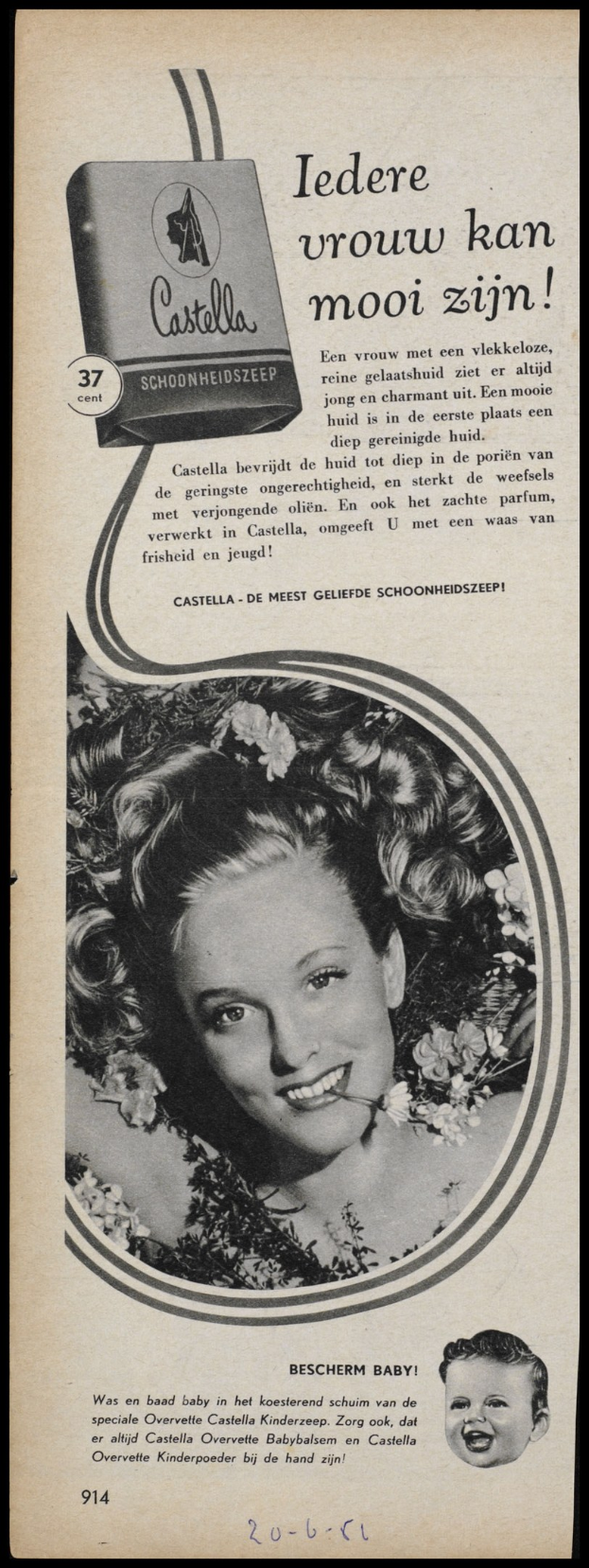 Werbeposter für Castella-Seife mit einer Frau, die lächelt, und Text, der das Produkt beschreibt.