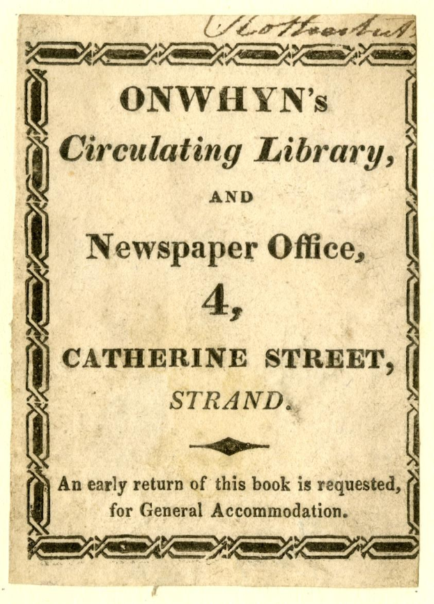 Papier mit gedrucktem Text, der "Onwhyn's Circulating Library, and Newspaper Office, 4, Catherine Street, Strand" liest.
