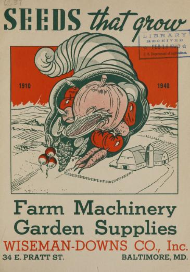 Ein Vintage-Plakat von Wiseman-Downs Co., Inc., das verschiedene Landmaschinen und Gartenzubehör, einschließlich Samen, mit beschreibendem Text zeigt.