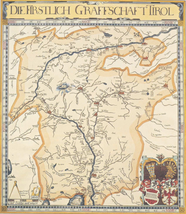 Plakat einer historischen Karte der ersten Grafschaft Tirol, das geografische Merkmale wie Flüsse, Berge und Städte mit begleitendem Text zeigt.
