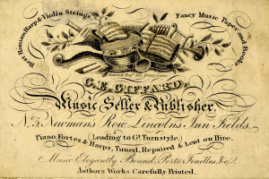 Altes Buch mit einer Hut-Illustration auf dem Cover und Text 'Giffard Music Seller & Publisher' auf dem Rücken.