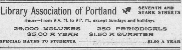 Eine Schwarz-Weiß-Anzeige für den Library Association of Portland, die Text enthält.