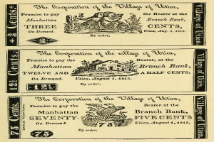 Ein altes Buch, das eine Bank bewirbt, mit einem Mann und einer Frau, die entschlossen nebeneinander stehen, und der Text "Bank" sowie Zahlen, die den erhaltenen Geldbetrag anzeigen.