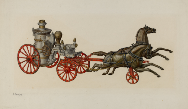 Zwei Pferde vor eine Feuerwache gespannt, mit sichtbaren Rädern dargestellt.