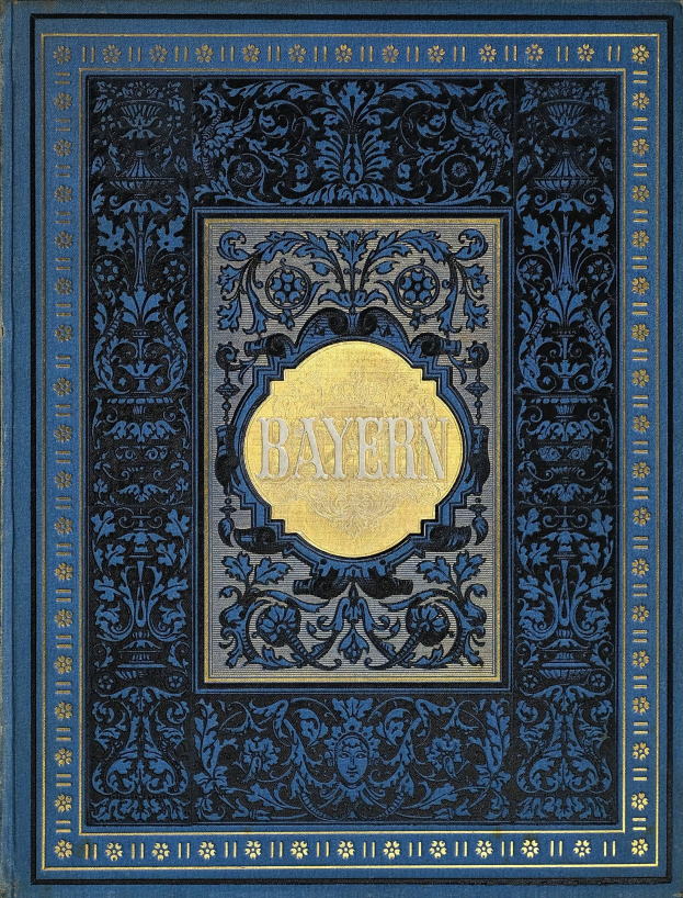 Ein blaues und goldenes Buch mit dem Wort "Bayern" auf dem Cover, verziert mit kunstvollen Designs.