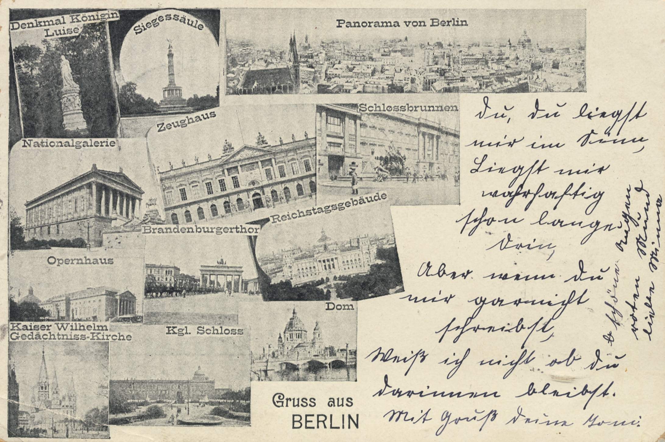 Eine alte Postkarte mit mehreren Bildern von Berlin, darunter Gebäude, Bäume und eine Statue, mit handgeschriebener Schrift.