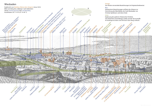 Karte von Wiesbaden, Deutschland, mit historischem Text-Overlay auf farbcodierter Stadtplan-Layout.