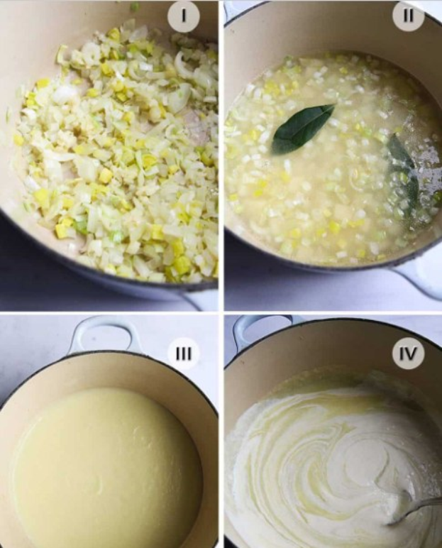 Collage aus vier Fotos, die den Suppenzubereitungsprozess zeigen: gewürfeltes Gemüse in einer Schüssel, Zutaten, die in den Topf gegeben werden, eine köchelnde Gemüse Mischung und eine fertige Schüssel Suppe, die serviert werden kann.