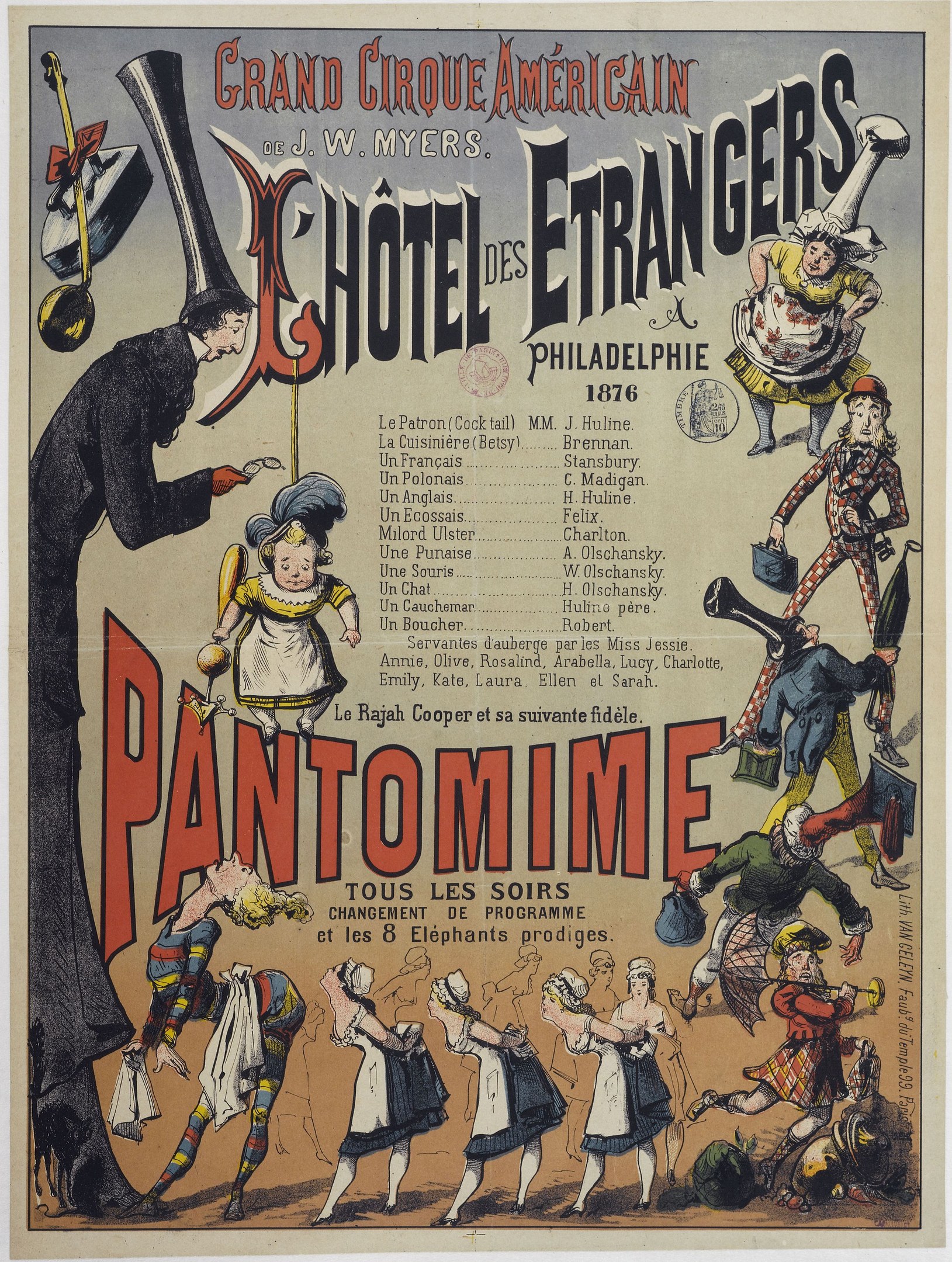 Alter Zirkusplakat aus Philadelphia, Pennsylvania, das eine Pantomime-Vorstellung mit einer Gruppe von Menschen in bunten Kostümen ankündigt.