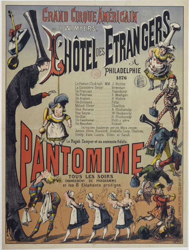 Alter Zirkusplakat aus Philadelphia, Pennsylvania, das eine Pantomime-Vorstellung mit einer Gruppe von Menschen in bunten Kostümen ankündigt.
