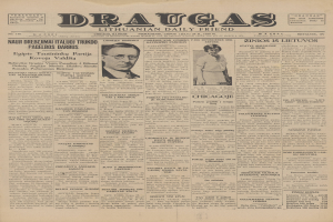 Zeitungstitelseite mit der Überschrift "Litauische Tagesfreundin" und einem Mann im Anzug und einer Frau mit ernster Miene.