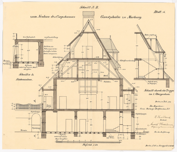 Zeichnung eines detaillierten architectural plans for a house with numerous windows and a roof, labeled as the first house in Germany.