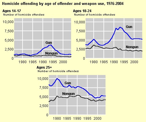 Grafik, die die Mordquote nach Alter des Täters und Waffengebrauch von 1976 bis 2004 zeigt, mit begleitendem erklärendem Text.