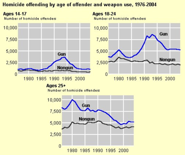 Grafik, die die Mordquote nach Alter des Täters und Waffengebrauch von 1976 bis 2004 zeigt, mit begleitendem erklärendem Text.