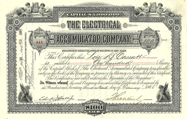 Aktienzertifikat für The Electrical Accumulator Company mit detaillierten Designs und gedrucktem Text.
