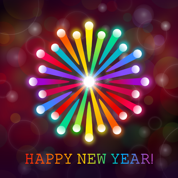 Ein farbenfrohes Feuerwerk mit den Worten "Frohes neues Jahr" in großen, bunten Buchstaben vor einem vielseitigen Hintergrund, der symmetrisch angeordnet ist.