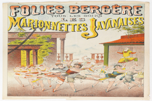 Ein Plakat, das ein Tanzshow in Paris ankündigt, zeigt eine Gruppe von Menschen, die im Vordergrund tanzen, mit einem Gebäude, Bäumen und Himmel im Hintergrund und Text auf dem Plakat.