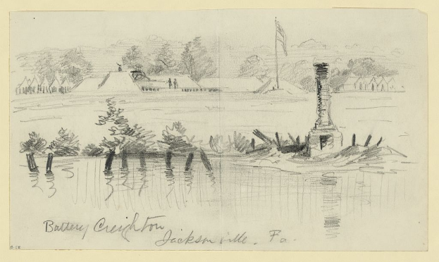 Eine Zeichnung von Battery Creek in Jacksonville, PA, die einen Gewässerabschnitt mit einem Leuchtturm im Hintergrund zeigt, umgeben von Bäumen und Häusern.