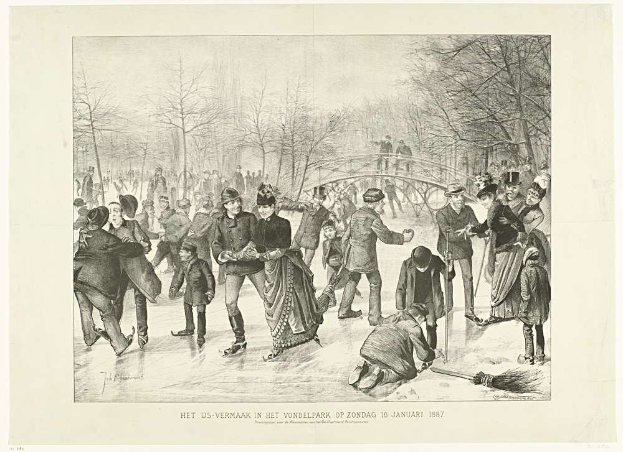 Gruppe von Menschen beim Eislaufen auf einem zugefrorenen Teich im Vondelpark, mit Bäumen und einer Brücke im Hintergrund, datiert auf den 10. Januar 1887.