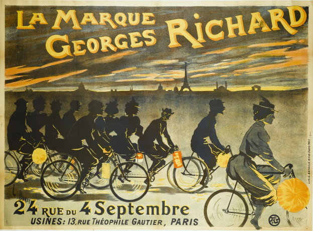 Plakat für ein Fahrradrennen in Paris, Frankreich, mit einer Gruppe von Radfahrern und dem Eiffel-Turm im Hintergrund, einschließlich Text über das Ereignis.