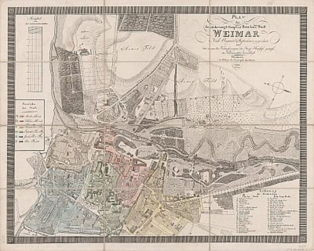 Detailiertes altes Stadtplan von Weimar, Deutschland, zeigt Straßen, Gebäude und Sehenswürdigkeiten mit zusätzlichem Text über die Stadt.