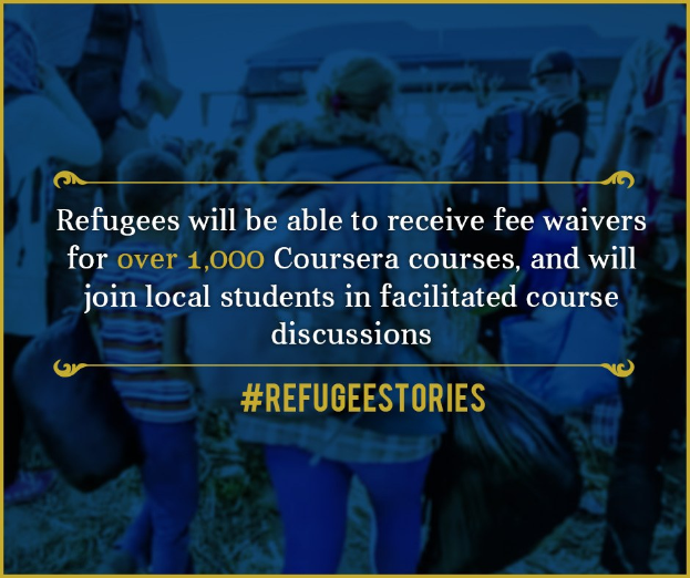 Plakat Ankündigung von Gebührenbefreiungen für über 1.000 Coursera-Kurse für Flüchtlinge, mit mehreren Personen im Hintergrund mit Taschen.