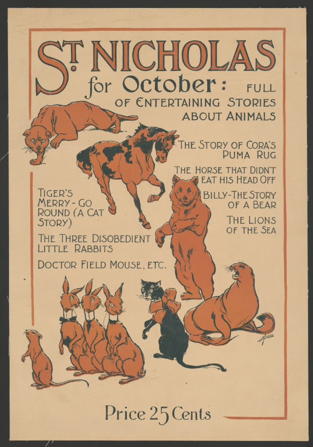 Plakat mit der Aufschrift "St. Nikolaus für Oktober - Voll von Unterhaltsamen Geschichten Über Tiere" mit Buntfarbigen Illustrationen von Katzen, Hunden und Vögeln, die nach oben schauen, mit Fetter Schrift in einem Dekorativen Rahmen auf einem Hellblauen Hintergrund.