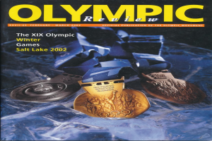 Ein Buch mit dem Titel "Olympic Review Magazine" und mehreren Medaillen in verschiedenen Größen und Farben sowie fettem Text auf dem Cover.