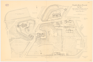 Alte Karte von München, Deutschland, auf Papier gedruckt mit zusätzlichem Text, zeigt eine dichte Bebauung von Gebäuden und Straßen.