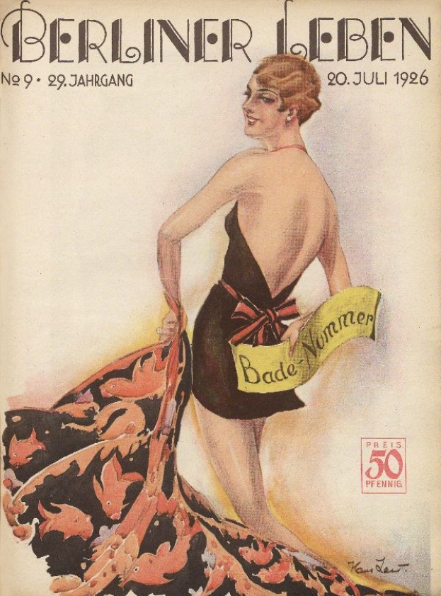 Titelbild der Berliner Leben Zeitschrift aus dem Juni 1926, das eine Frau in einem Badeanzug zeigt, die ein Tuch hält, mit dem Zeitschriftennamen darüber