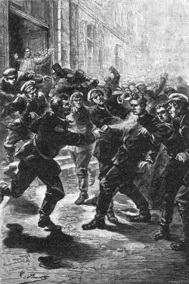 Schwarze und weiße Illustration einer Straßenkämpfe zwischen Männern während der Viktorianischen Unruhen in London, mit einem Gebäude im Hintergrund und Text unten, der 'Viktorianische Unruhen in London, England' lautet.