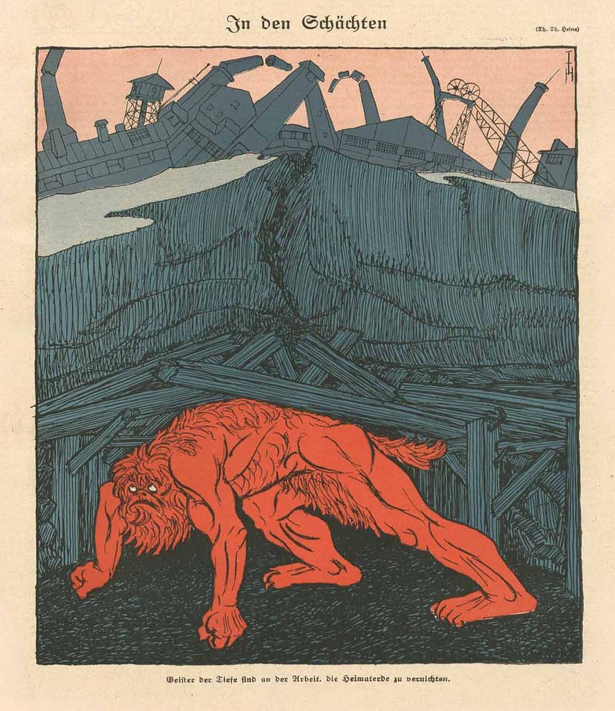 Illustration eines bedrohlichen Werwolfs in Kampfstellung vor einem rauchenden Fabrikgebäude, mit einem Plakat des Werwolfs und fetter Schrift im Hintergrund unter einem tiefblauen Himmel.