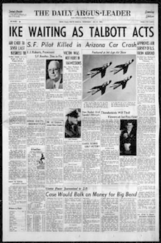 Titelseite der Daily Argus-Leader Zeitung mit schwarzem Hintergrund, die die Schlagzeile 'Ike Waiting as Talbott Acts' und mehrere Bilder von Menschen und Flugzeugen zeigt.